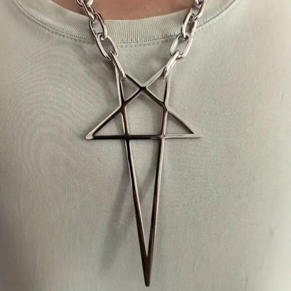 Oversized Punk Gothic Emo Geometric Silver Star Cross Pendant Necklace - Picture 2 of 6